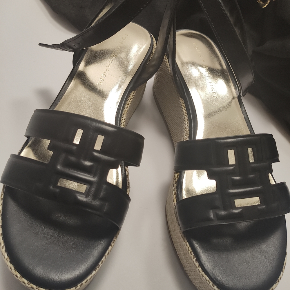 Tommy Hilfiger Black and Gold Espadrille Wedge Sandals